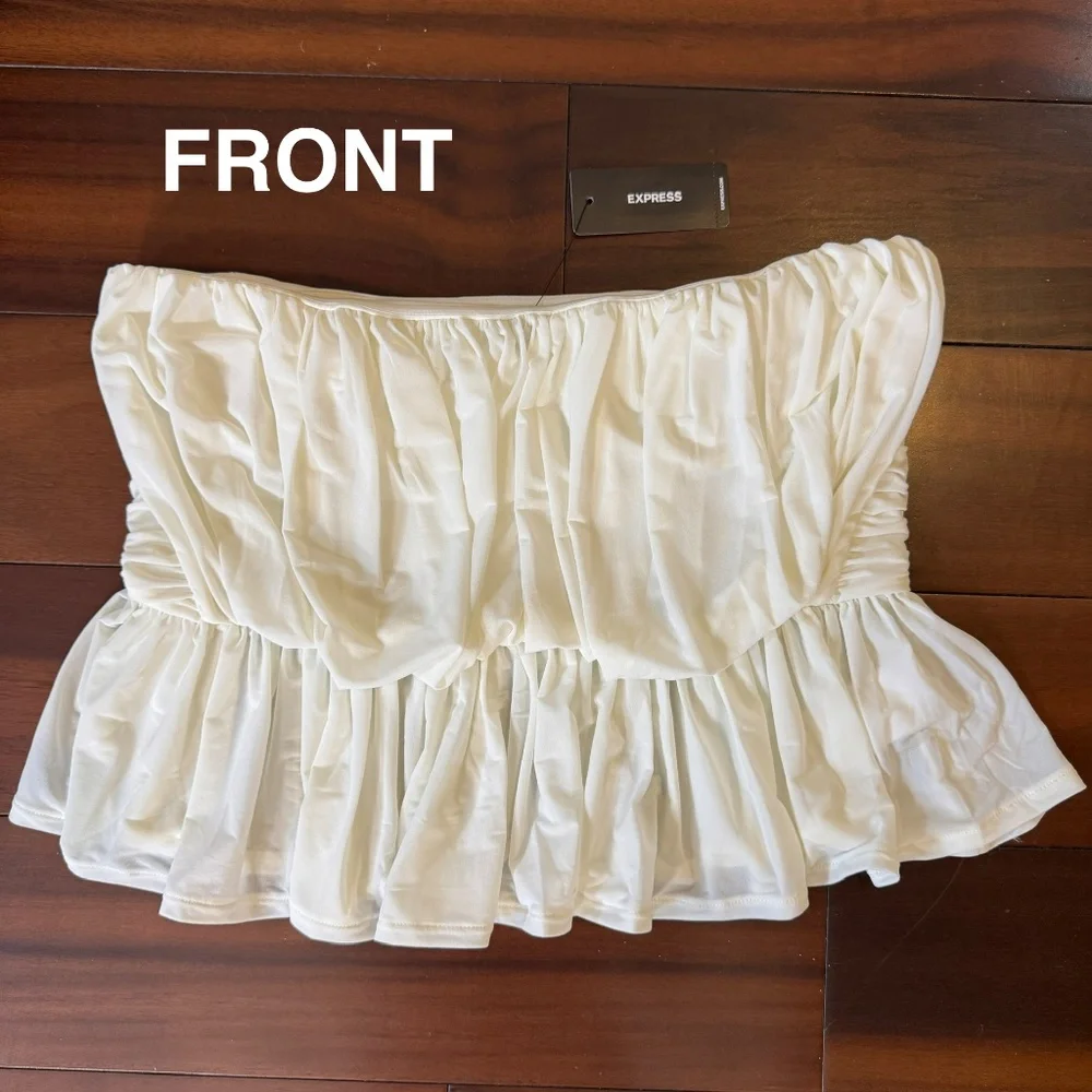 EXPRESS RUCHED STRAPLESS IVORY PEPLUM TUBE TOP - Picture 11 of 13